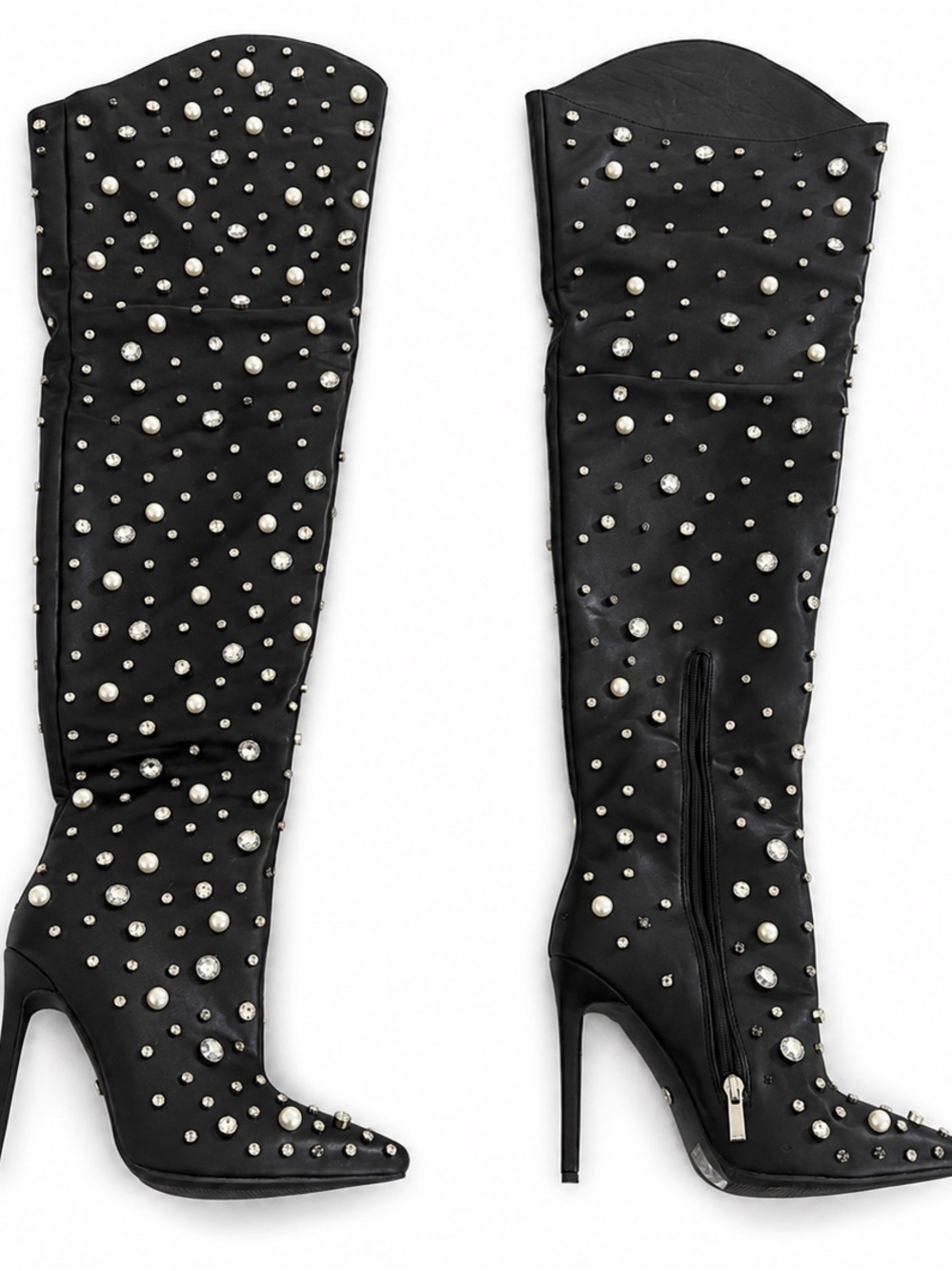 Studded Black Knee-High Stiletto Boots